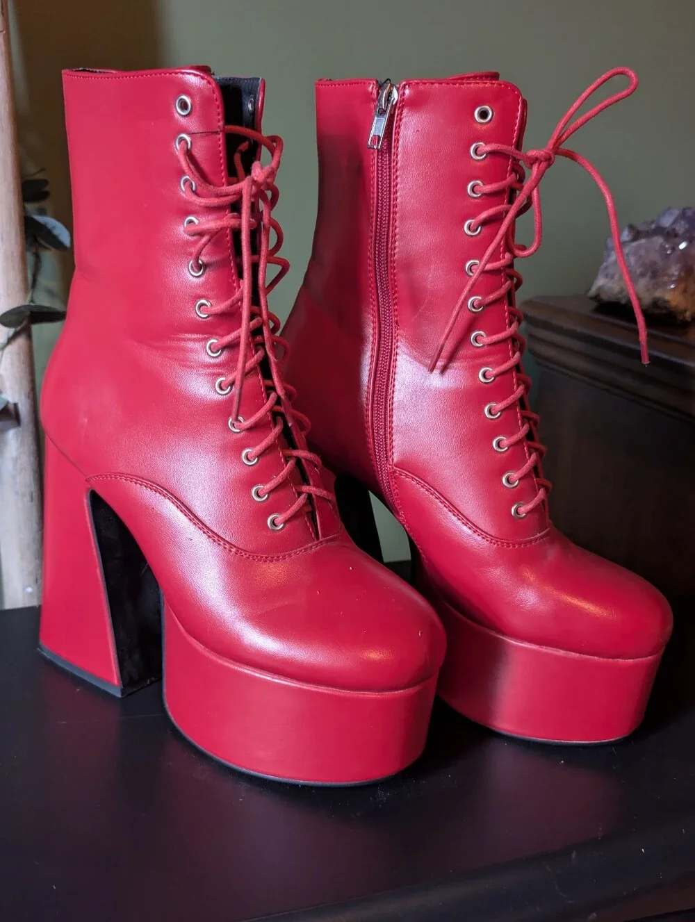 Red Platform Lace-Up Ankle Boots